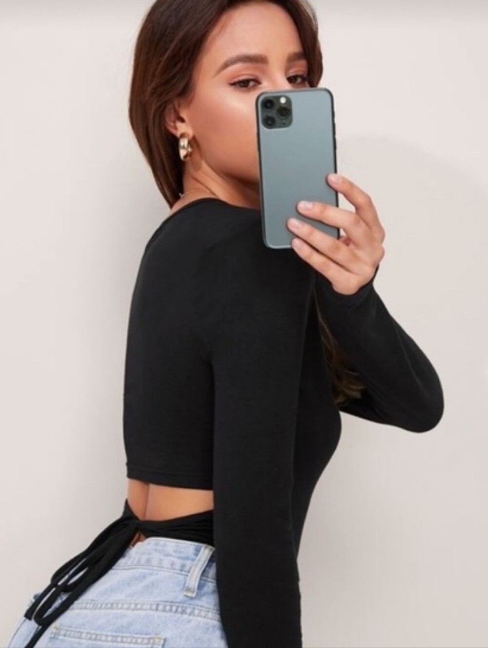 Women's Black Long-Sleeve Wrap-Back Crop Top